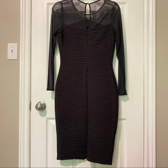 Calvin Klein | Black Bodycon Ruffled Dress with Sheer Neckline and sleeve - Picture 1 of 5